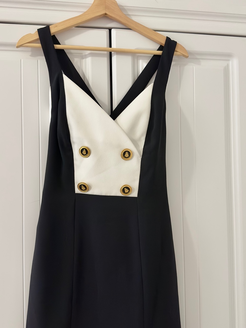 Christy Black Strapless Dress with White V-Front and Gold Buttons Accent